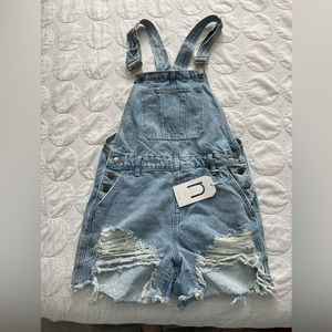Distressed overall shorts